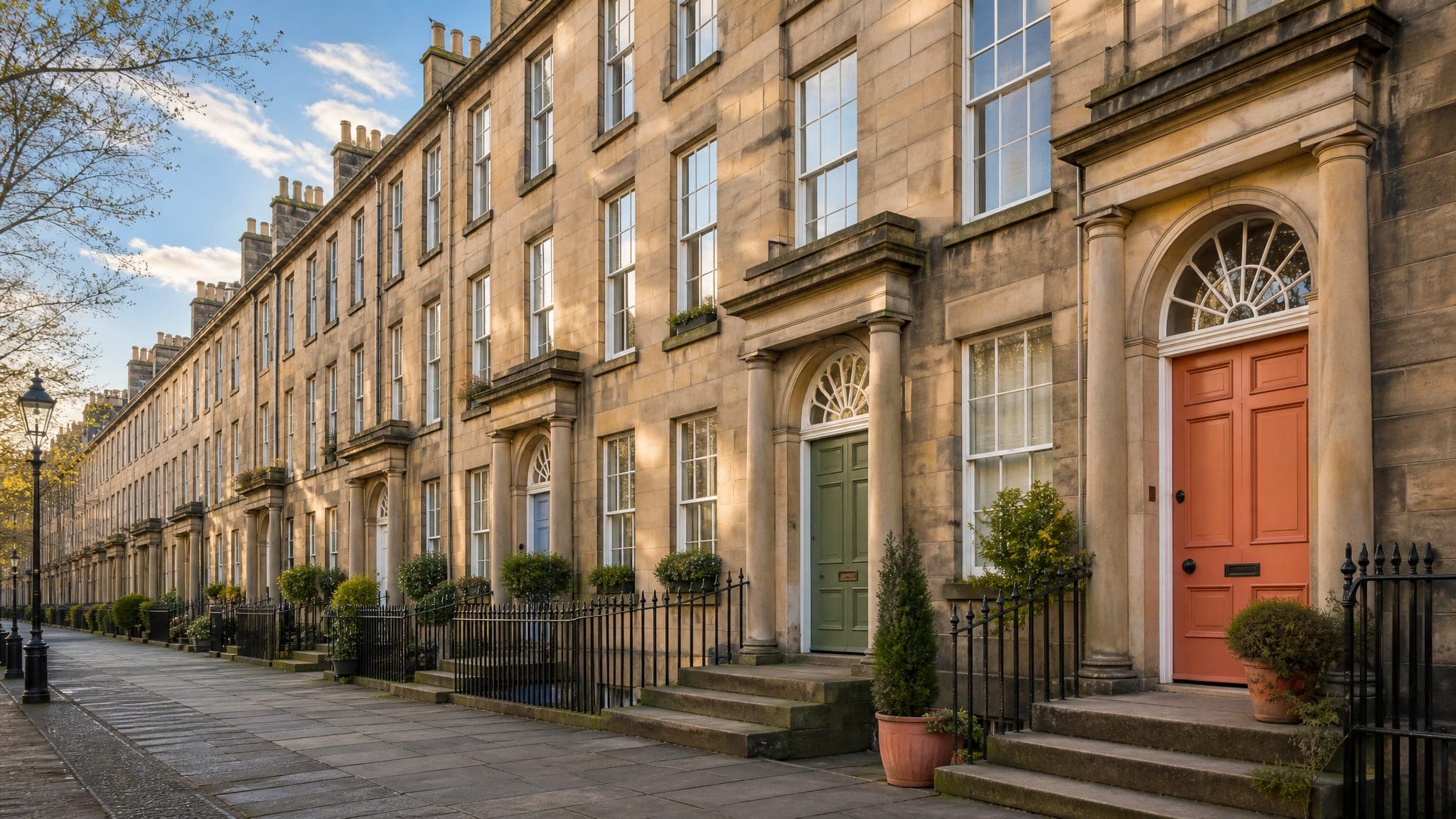 A quiet Edinburgh street of sandstone terraces in morning light (AI-generated image)