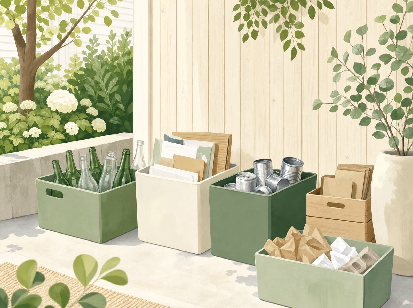 Birch & Fjord illustration: Bins & recycling (AI-generated)
