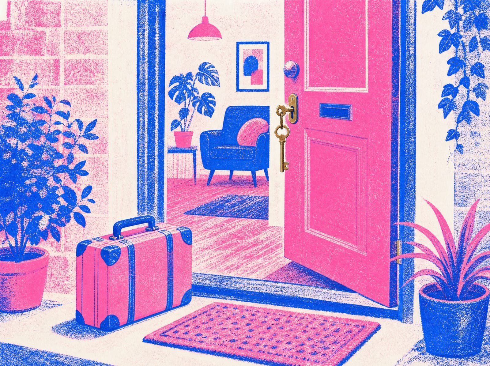 Riso Club illustration: Arriving (AI-generated)