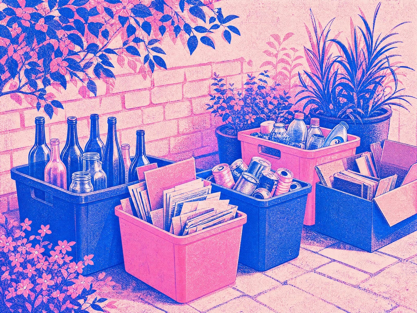 Riso Club illustration: Bins & recycling (AI-generated)