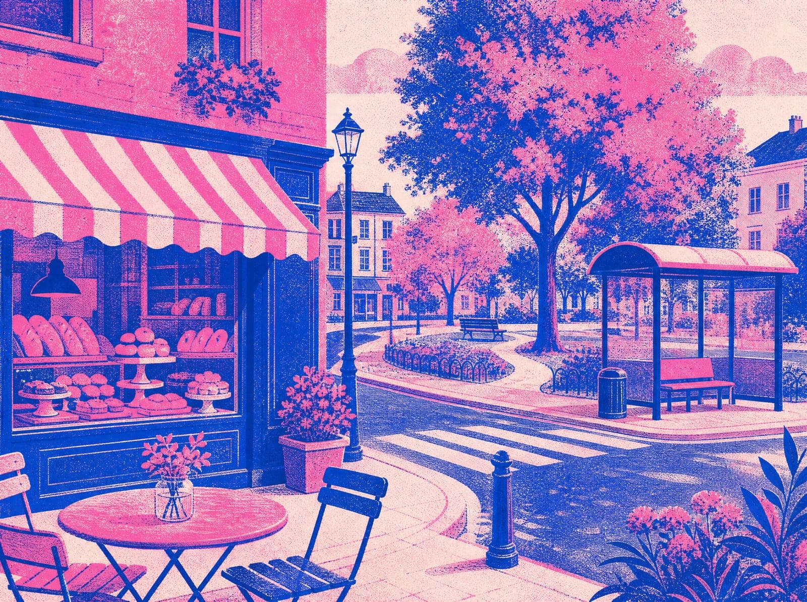 Riso Club illustration: Around the corner (AI-generated)