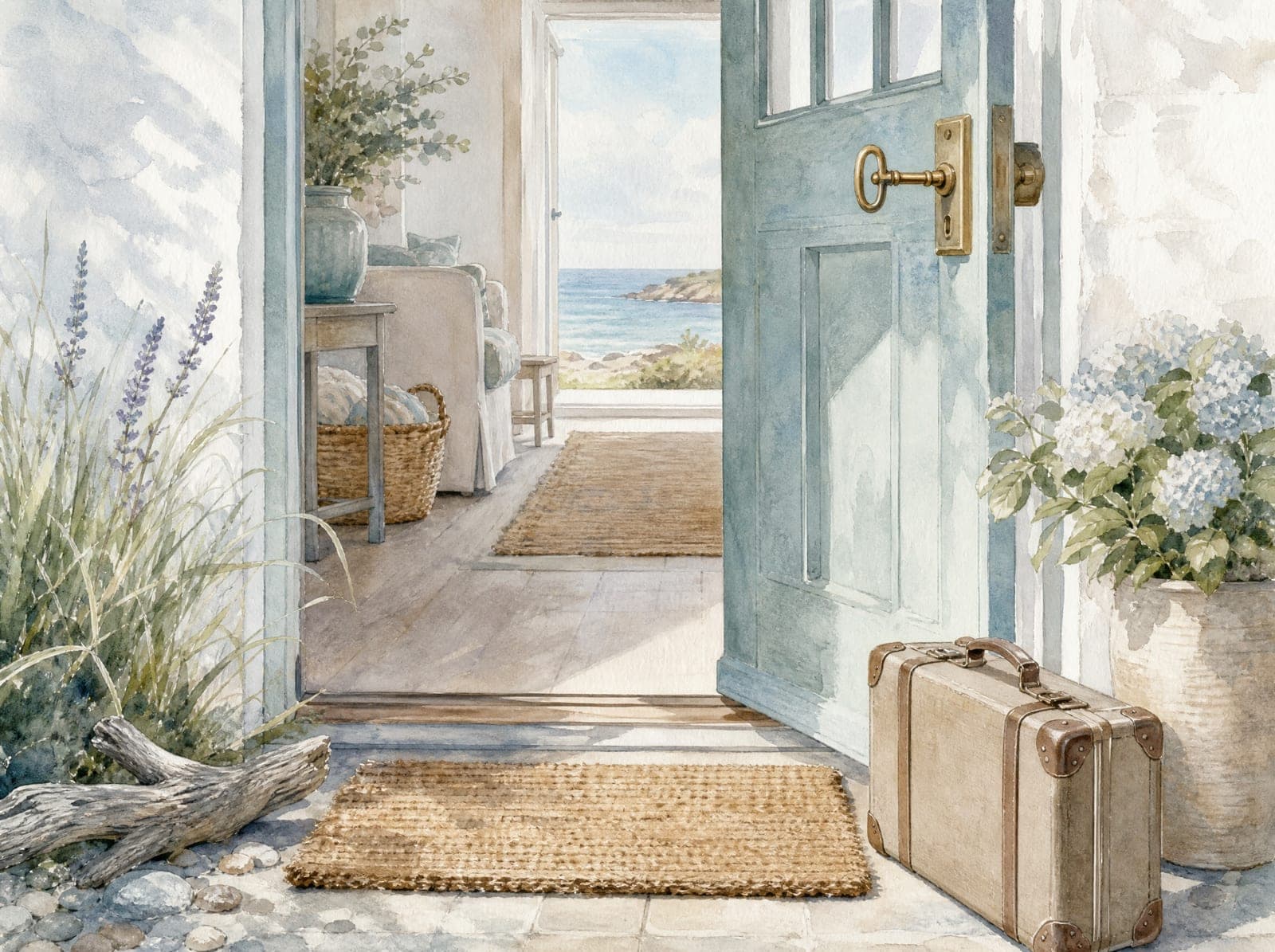 Tide Cottage illustration: Arriving (AI-generated)