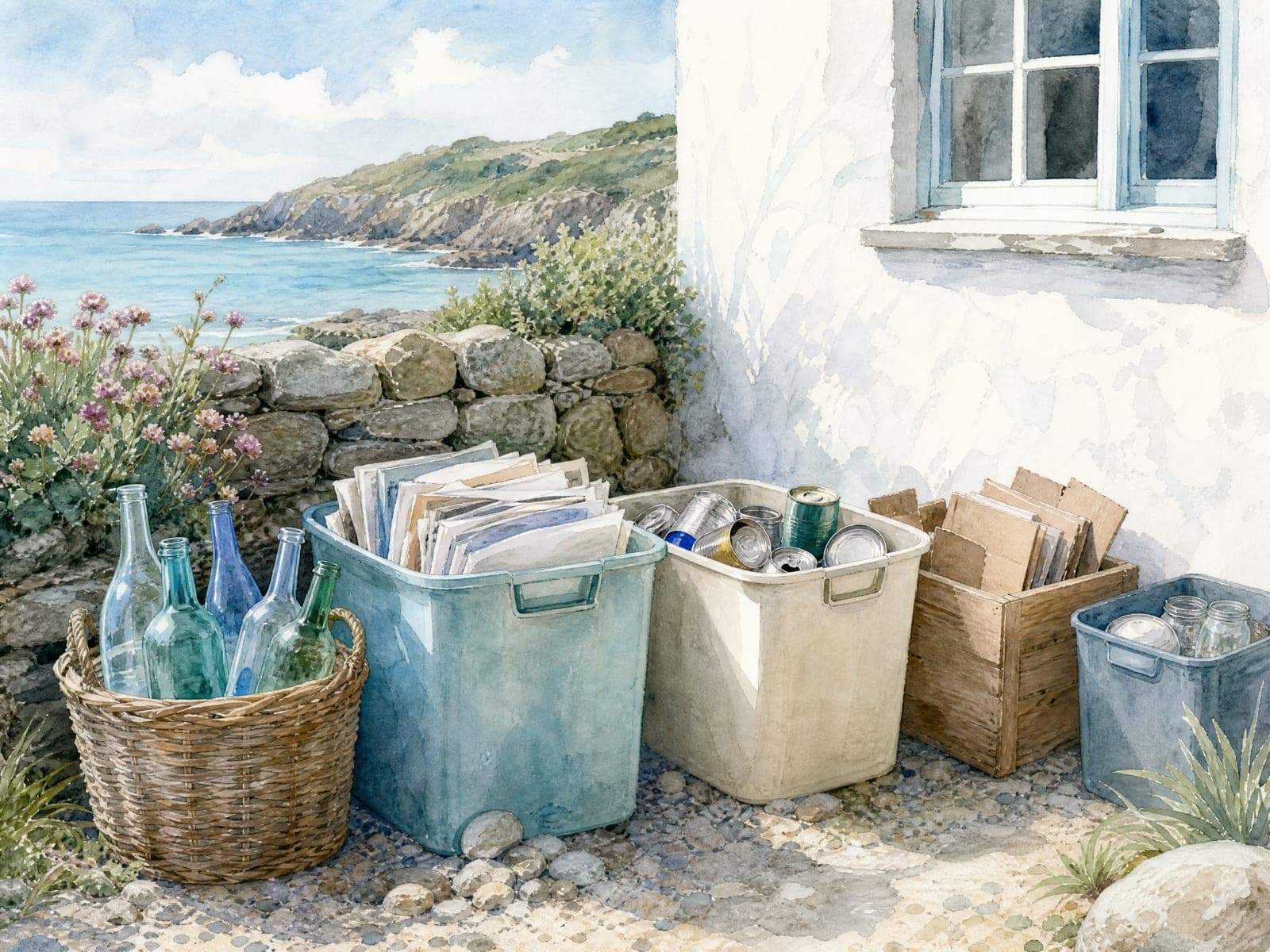 Tide Cottage illustration: Bins & recycling (AI-generated)